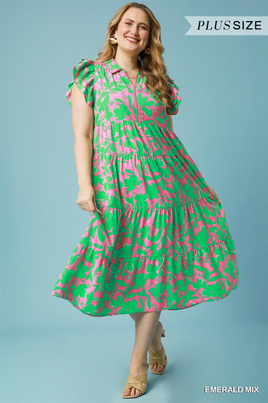 Pink & Green Two-Tone Collared Midi Dress Curvy
